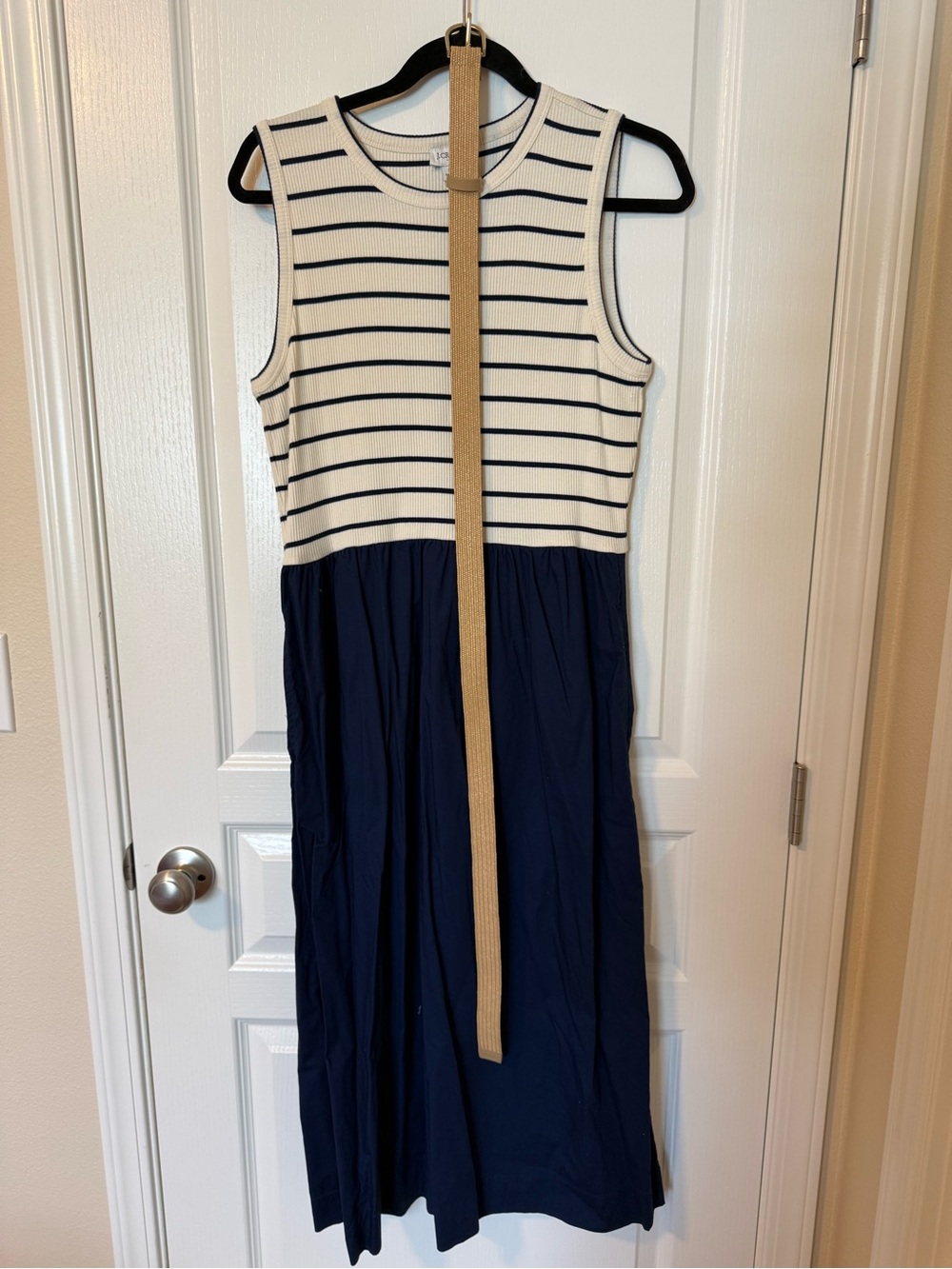 J. Crew Navy and Cream Striped Knit Midi Dress